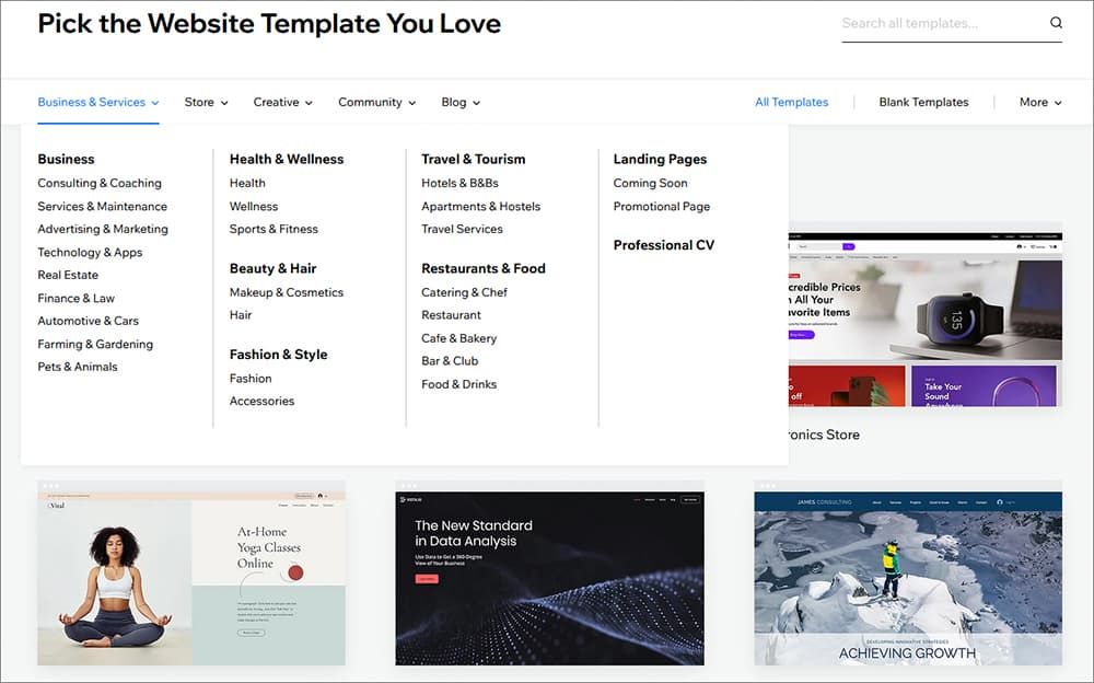 Wix website templates categories