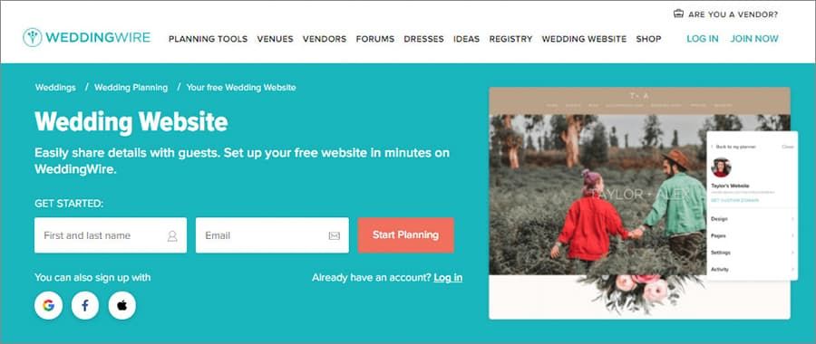 WeddingWire best free wedding website builder