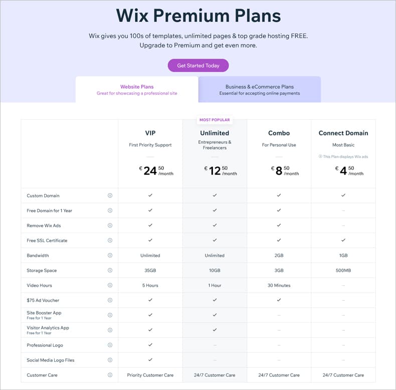 Wix Premium Plans