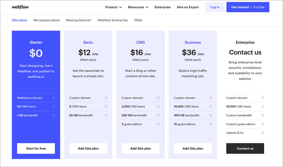 Webflow pricing