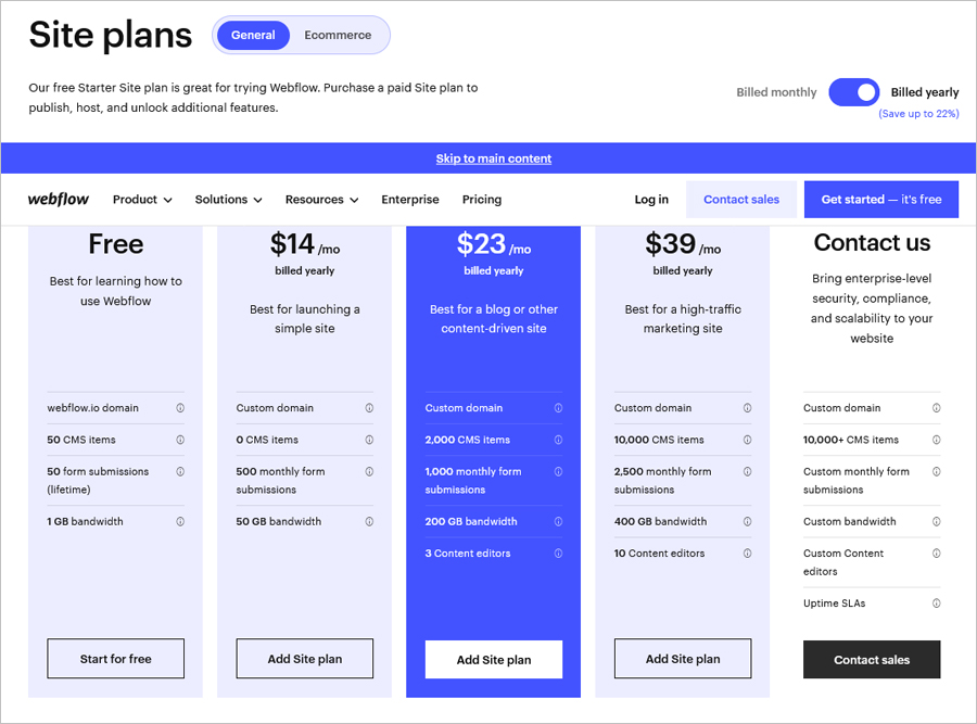 Webflow plans Webflow plans